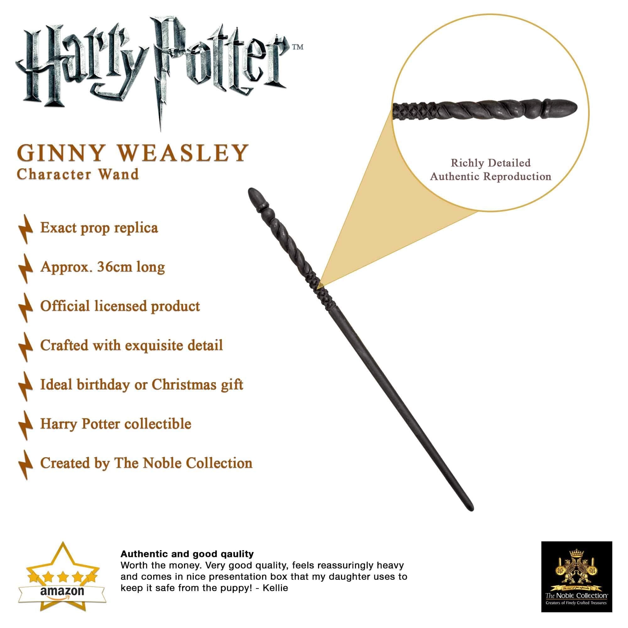 The Noble Collection Ginny Weasley wand on display stand offers safe presentation.