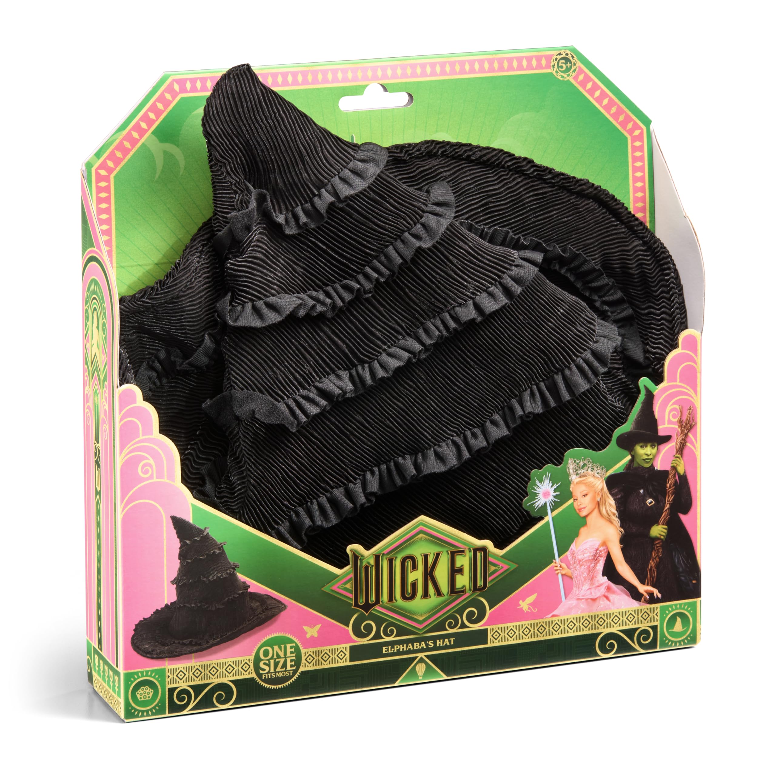 The Noble Collection Wicked Elphaba's Hat youth size tag, clear sizing for kids.