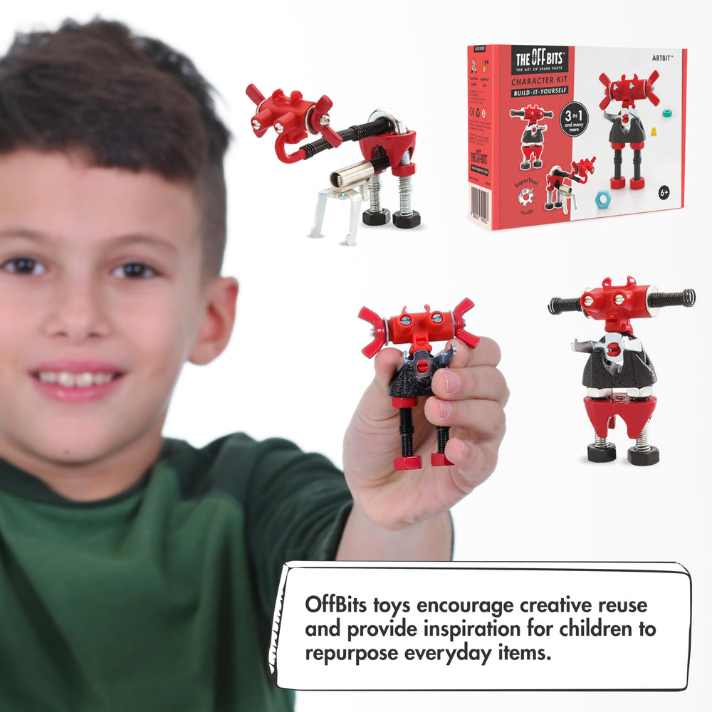 Kids assemble model-building projects with ArtBit during hands-on play.