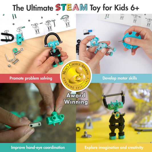 The OFFBITS BabaBit build in action shows kids assembling a robot.