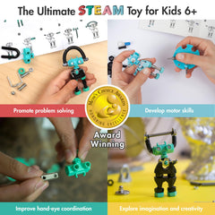 The OFFBITS BabaBit build in action shows kids assembling a robot.