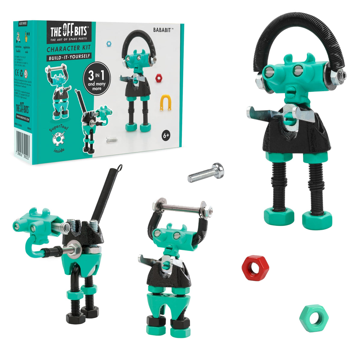 The OFFBITS BabaBit robot parts arranged in bright colors for creative STEM building.