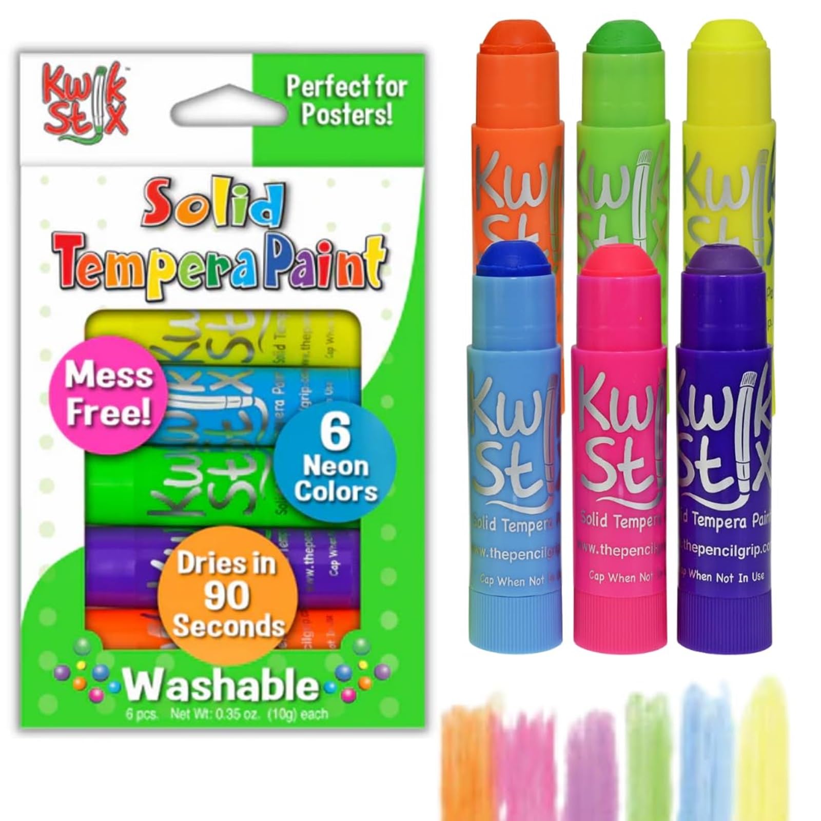 The Pencil Grip Kwik Stix Neon 6-pack with caps on, ready for quick, mess-free art.