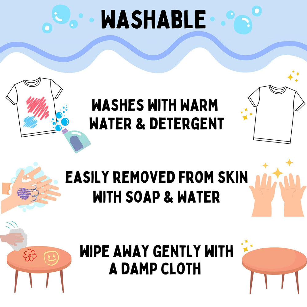 Washable Kwik Stix Neon colors wipe away easily from hands and clothes.