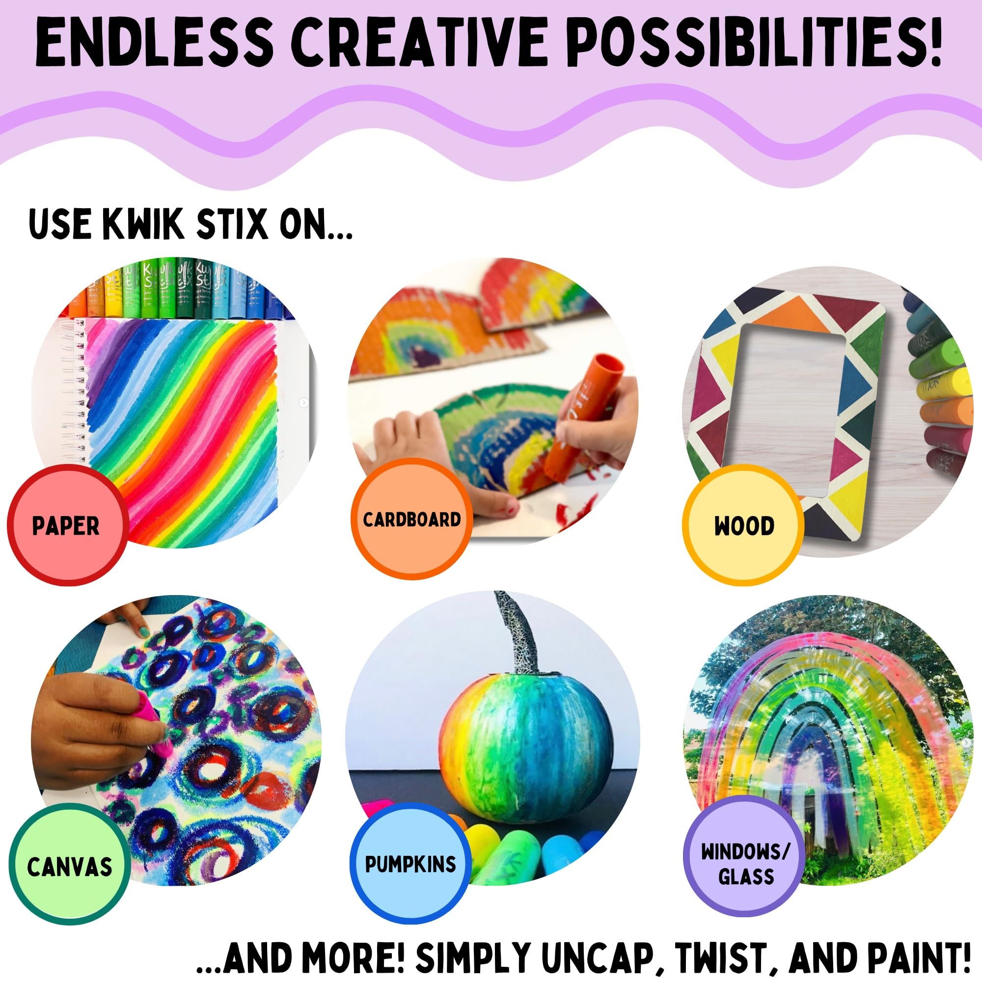 The Pencil Grip Kwik Stix work on paper, wood, ceramics, glass, and more.