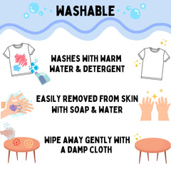 Kwik Stix washable formula cleans up from hands and clothes quickly.
