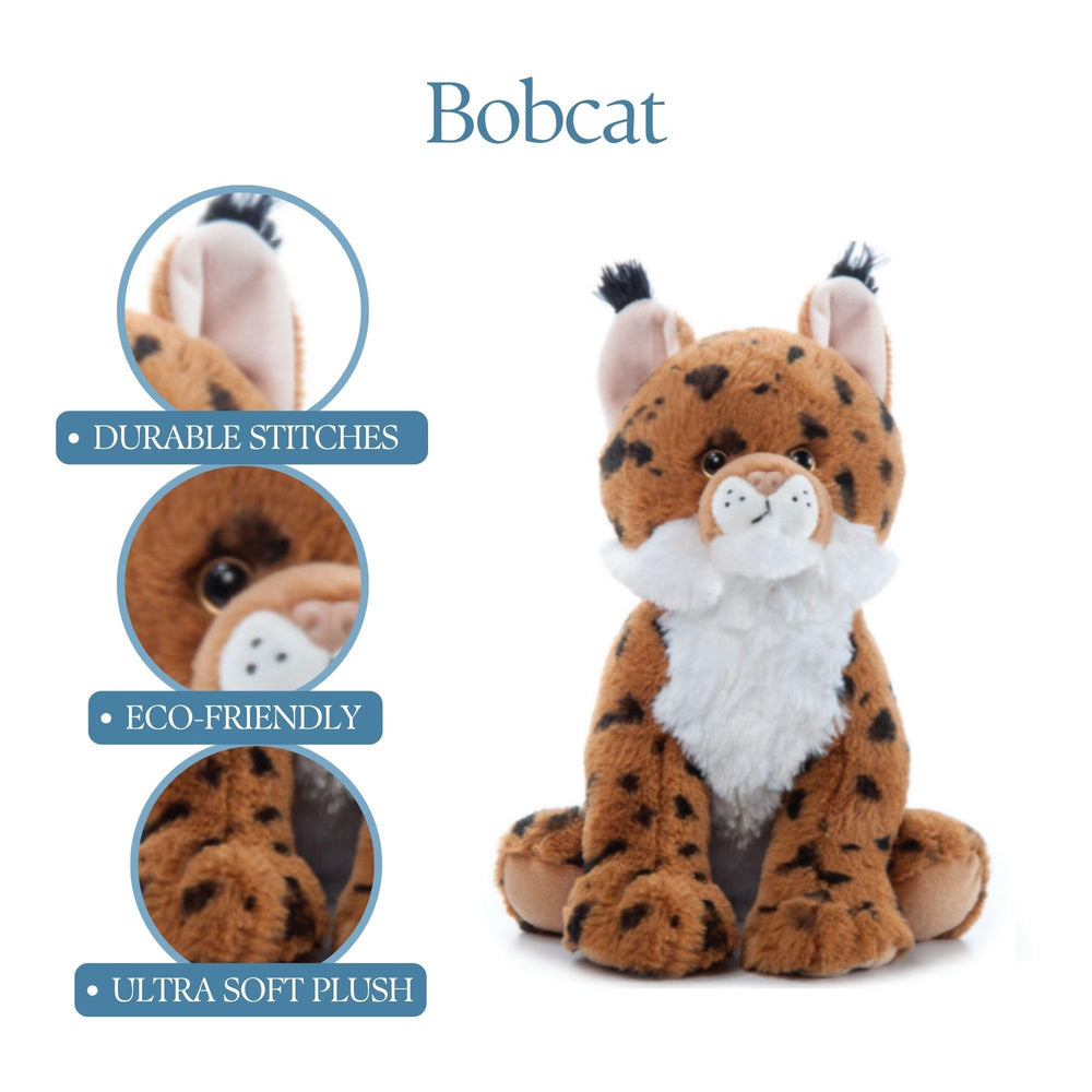 The Petting Zoo Bobcat plush, recycled fabric and durable stitching for lasting hugs.