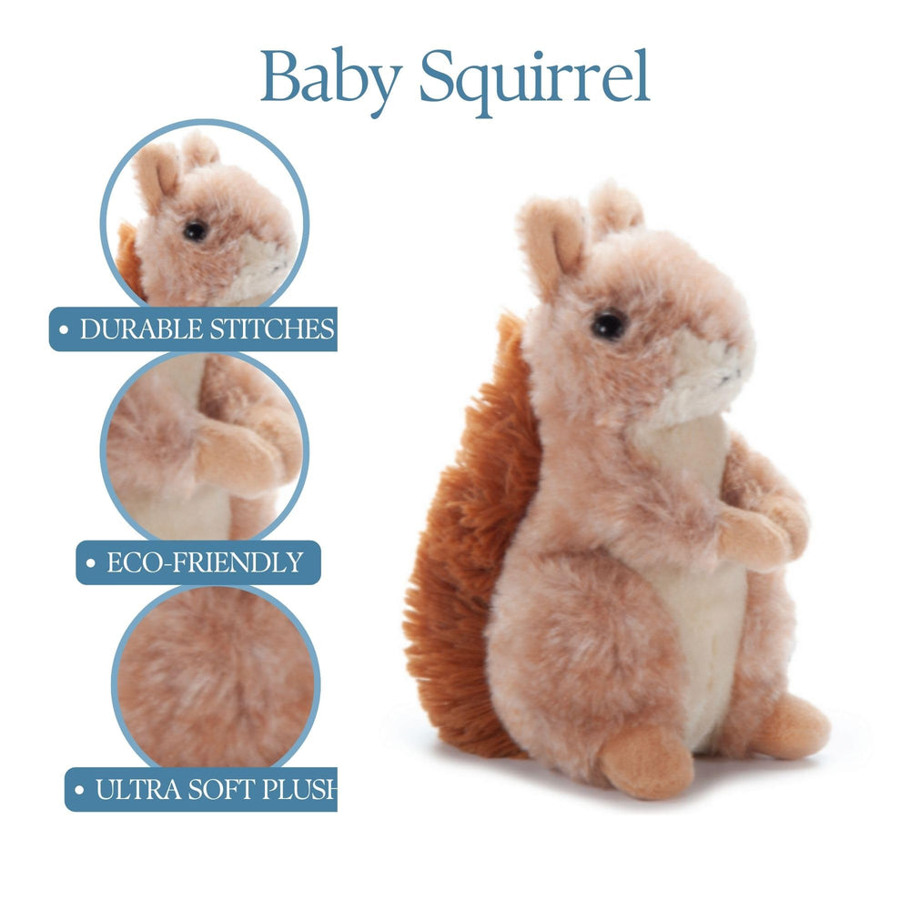 The Petting Zoo brown squirrel six-inch plush—compact size fits kids arms and backpacks.