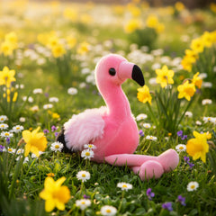 The Petting Zoo Flamingo Plush uses recycled materials for Earth-friendly care.
