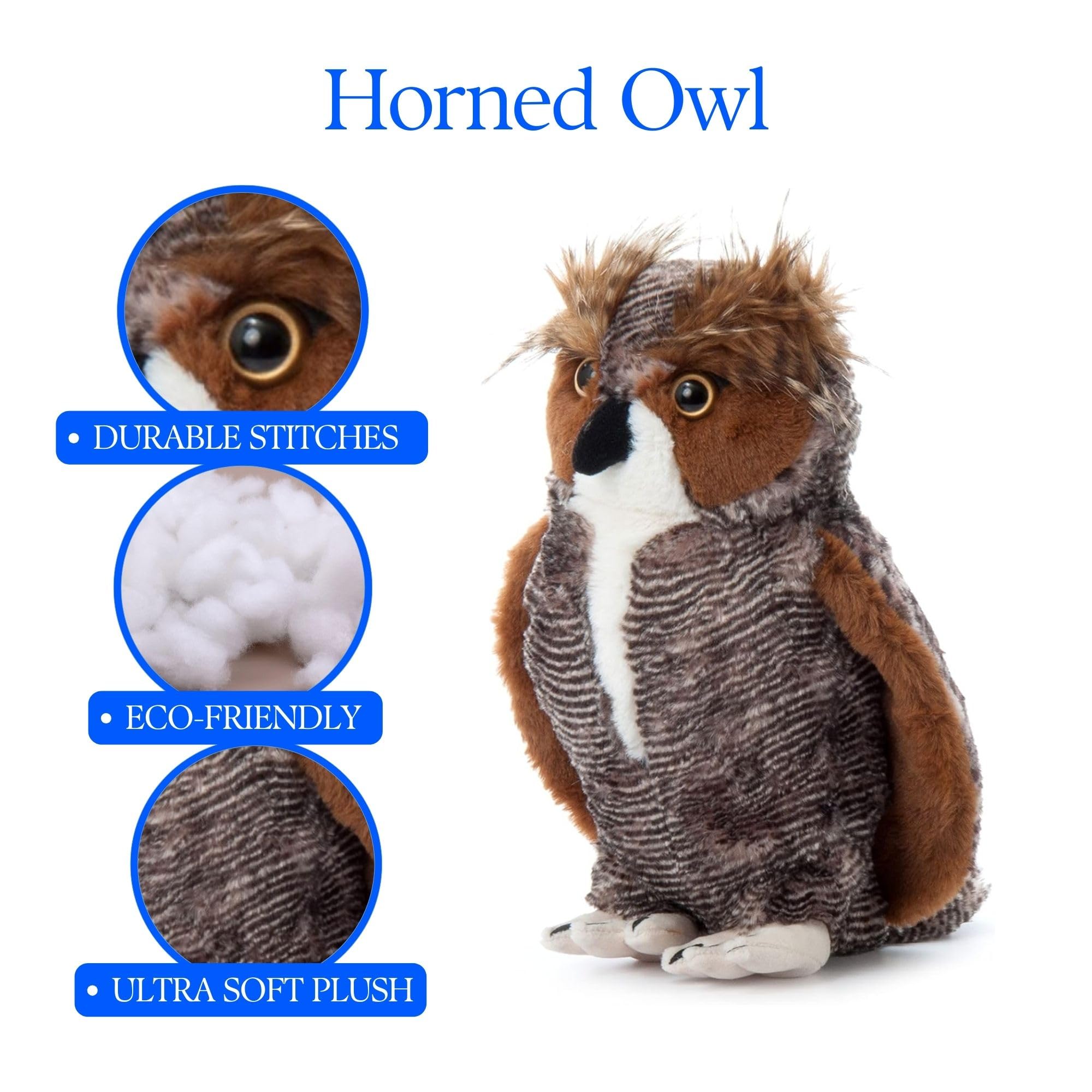 The Petting Zoo horned owl plush eco design uses recycled bottles.
