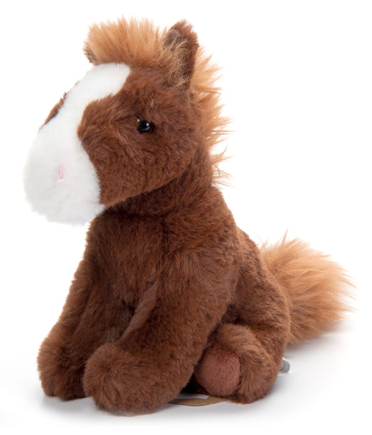 The Petting Zoo horse plush sits upright with a soft brown coat for cozy play.