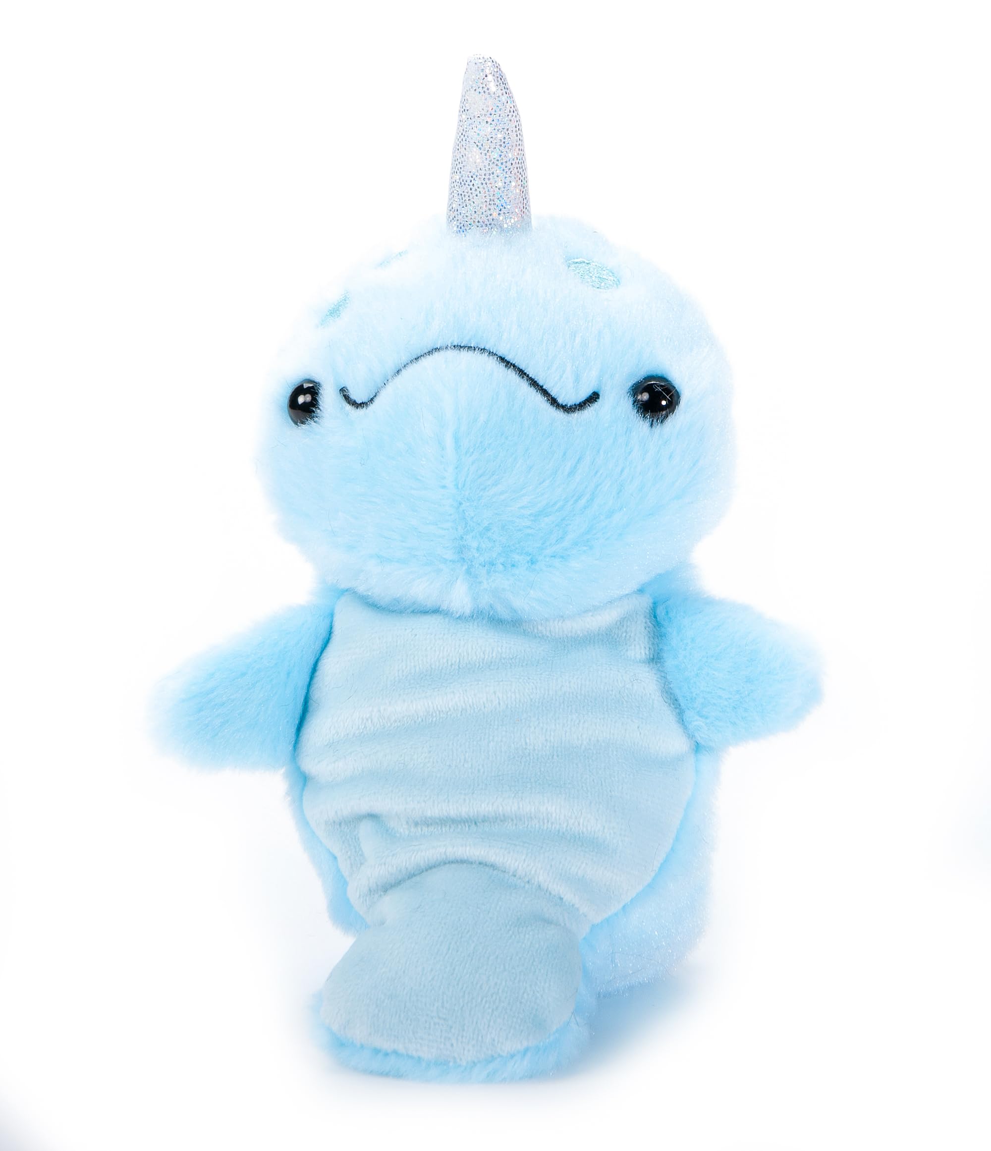 The Petting Zoo Narwhal plushie in blue with horn for cozy, screen-free play.