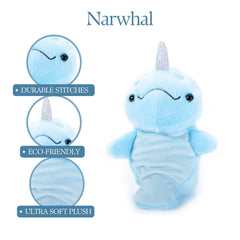 The Narwhal plush uses recycled filling for sustainable toy making.