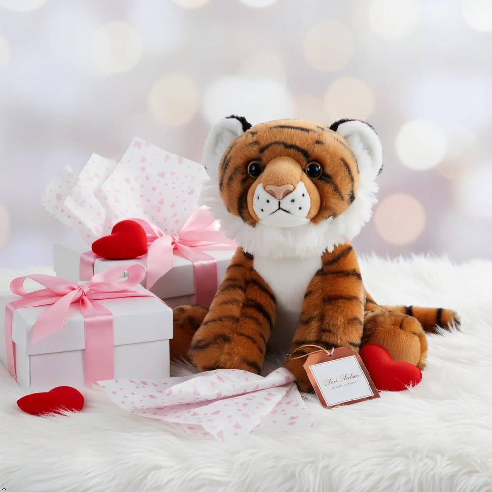 The Petting Zoo tiger plush uses recycled materials for eco-friendly cuddles.