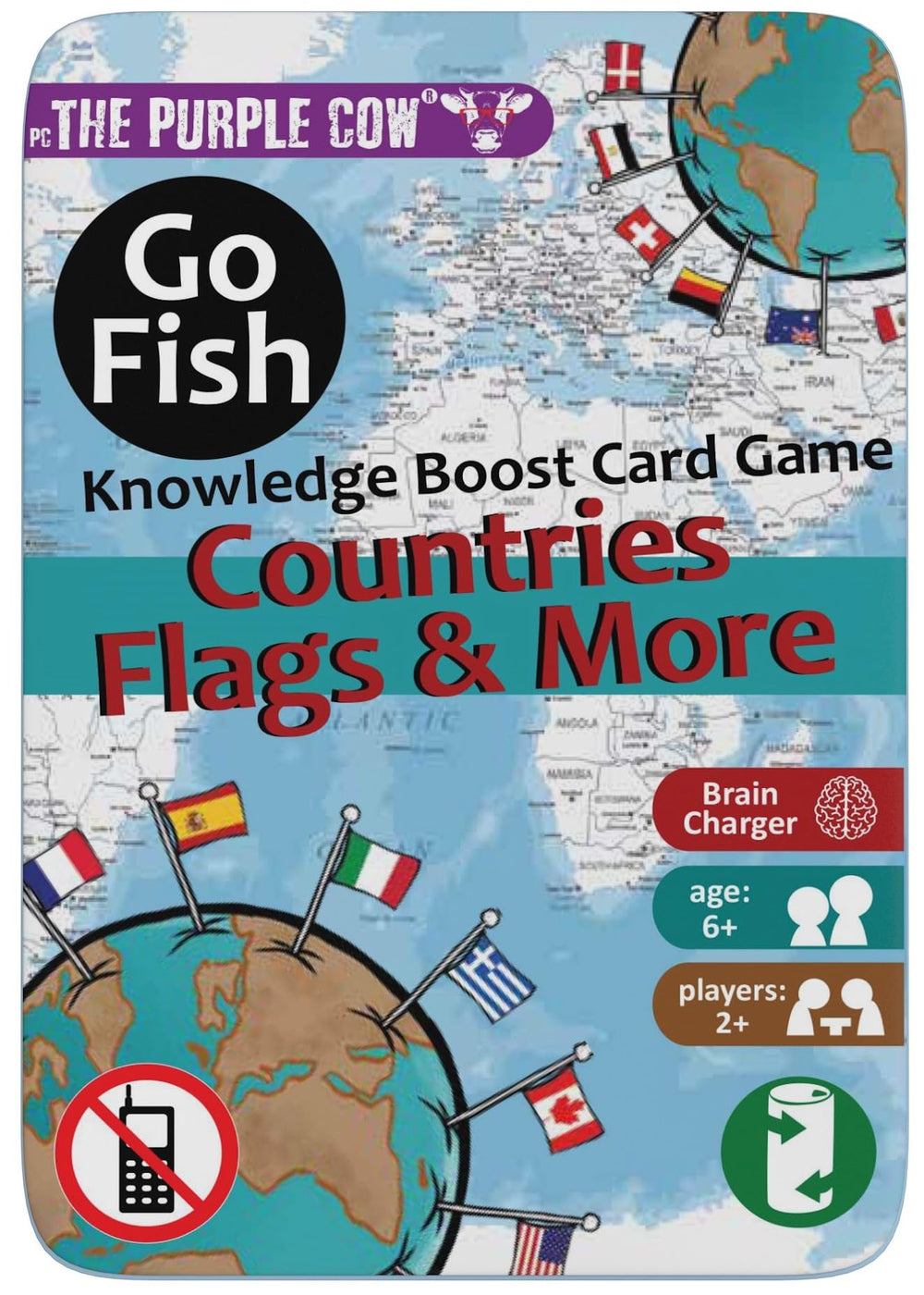 The Purple Cow Go Fish card game box featuring countries and flags for family learning.