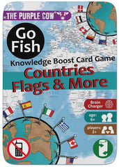 The Purple Cow Go Fish card game box featuring countries and flags for family learning.