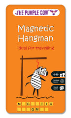 The Purple Cow To Go Hangman Game in a compact tin case for travel.