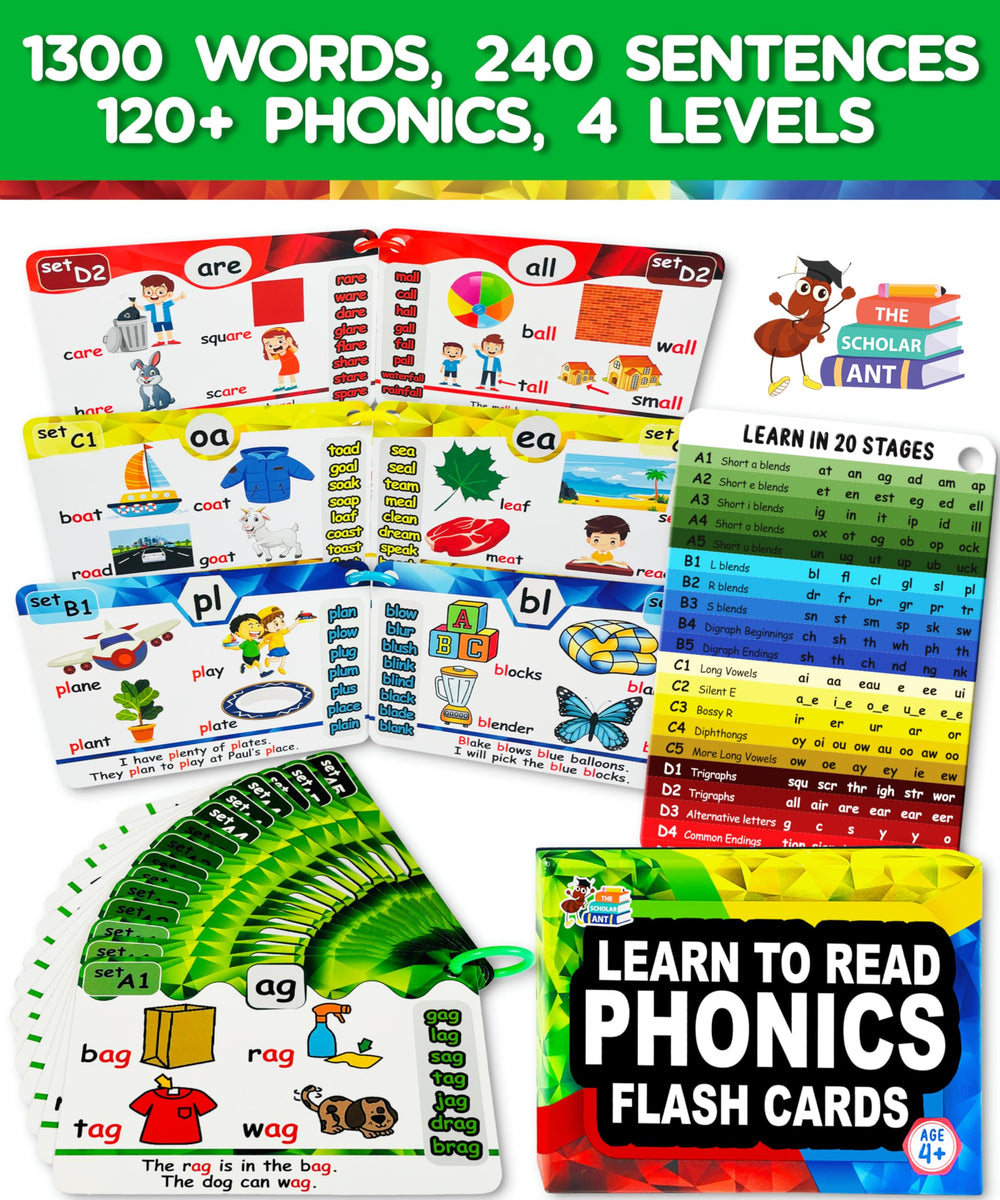 The Scholar Ant long vowel sounds phonics card set aids pronunciation.