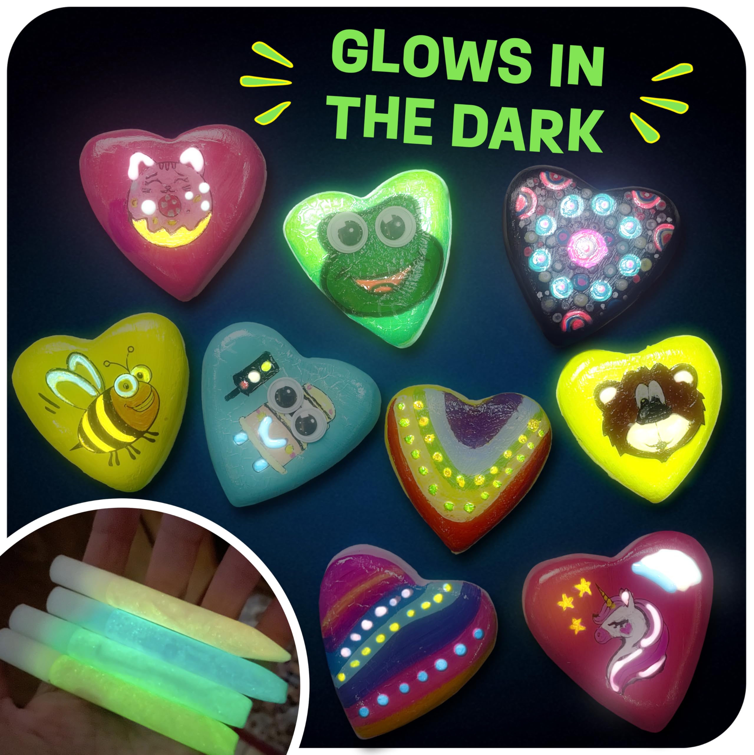 THE SCHOLAR ANT-painted heart rocks glow brightly for immersive art play.