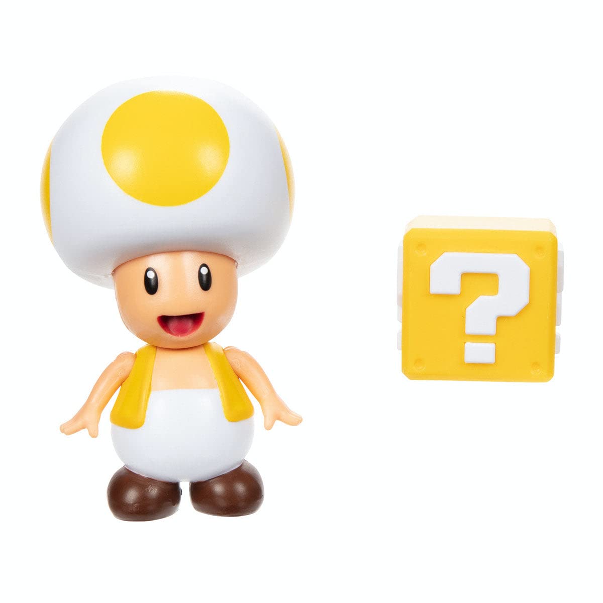 THE SUPER MARIO BROS. MOVIE Yellow Toad figure beside a ? Block, ideal for shelf display.