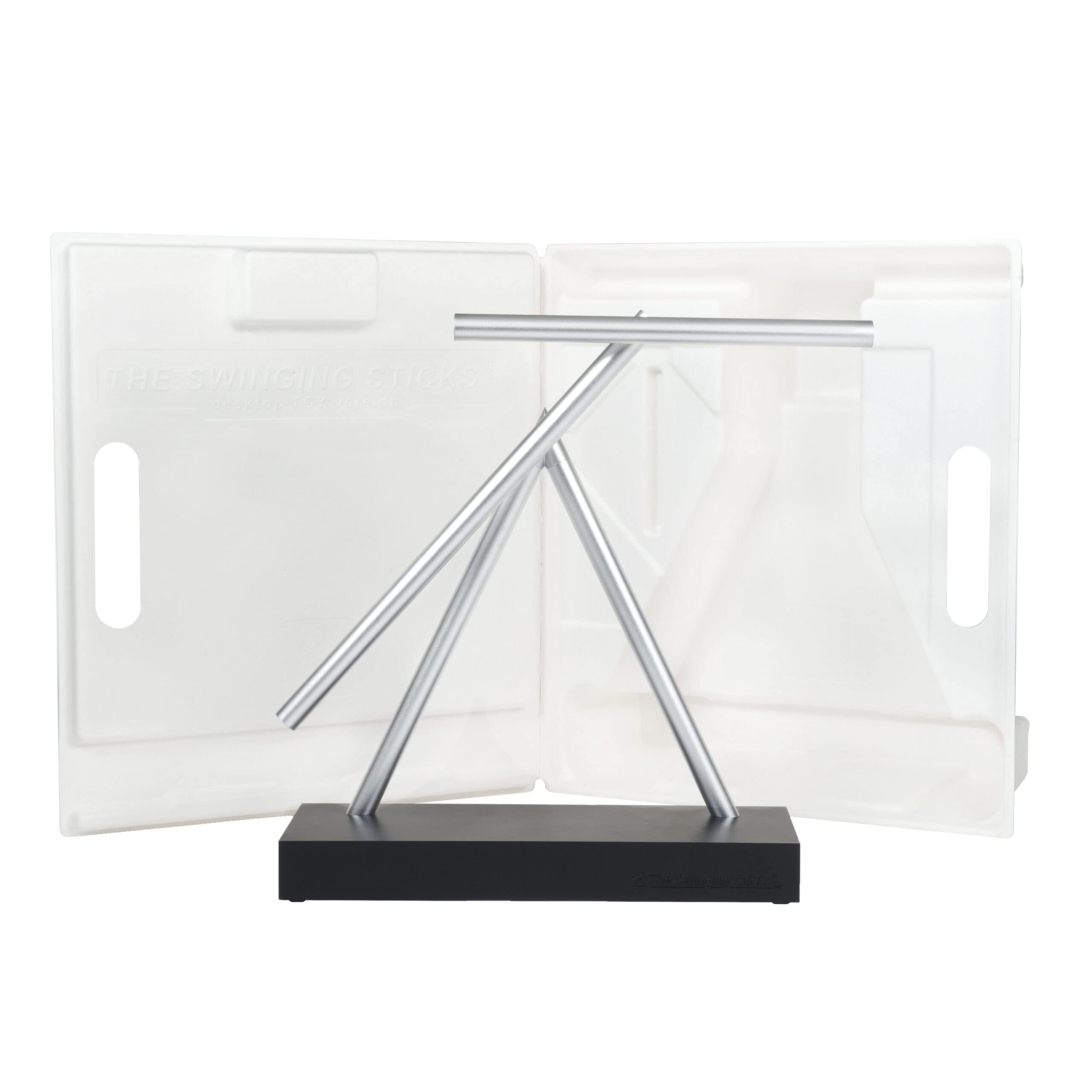 The Swinging Sticks battery access emphasizes easy desktop setup.