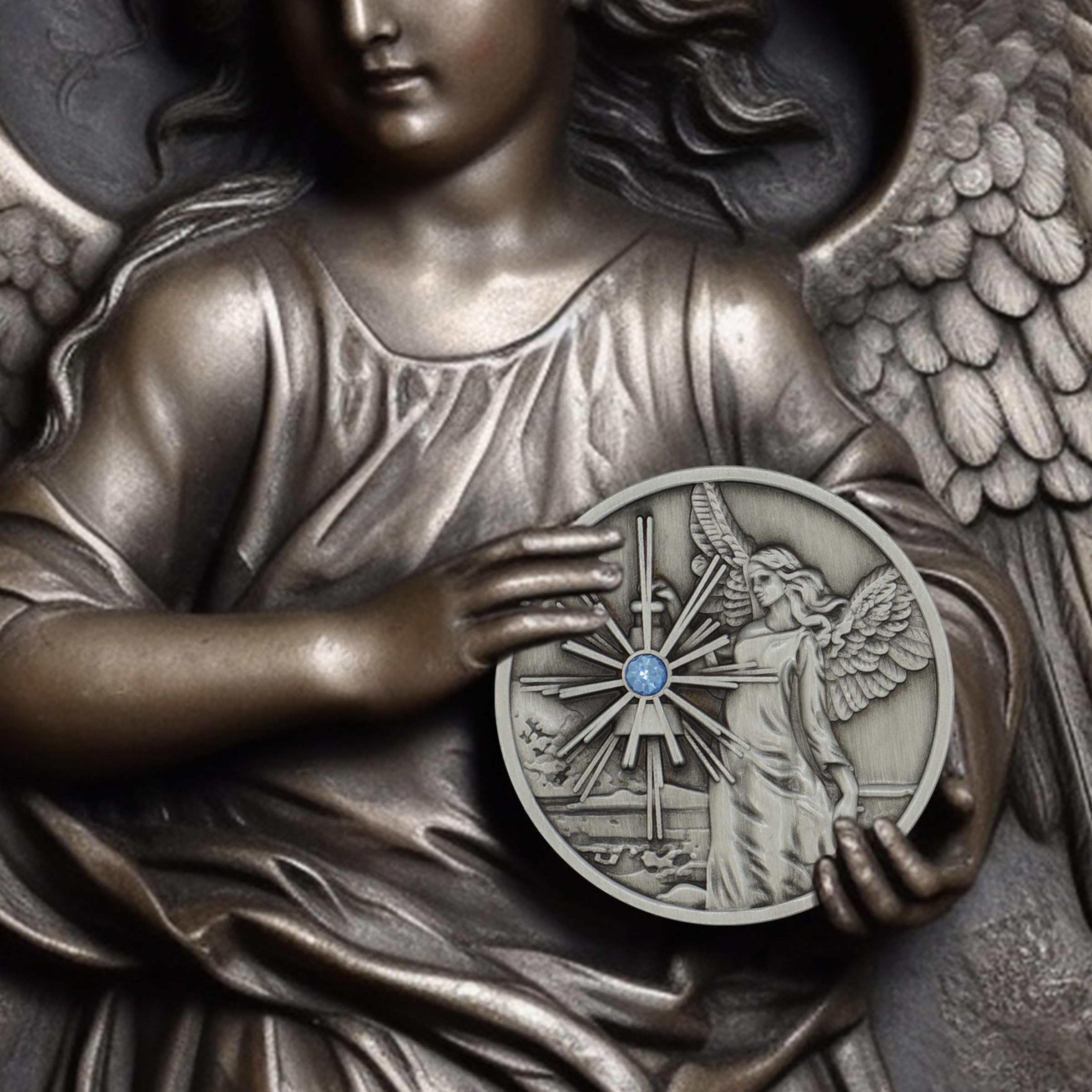 The Token Shop guardian angel coin back with prayer for daily comfort and motivation.