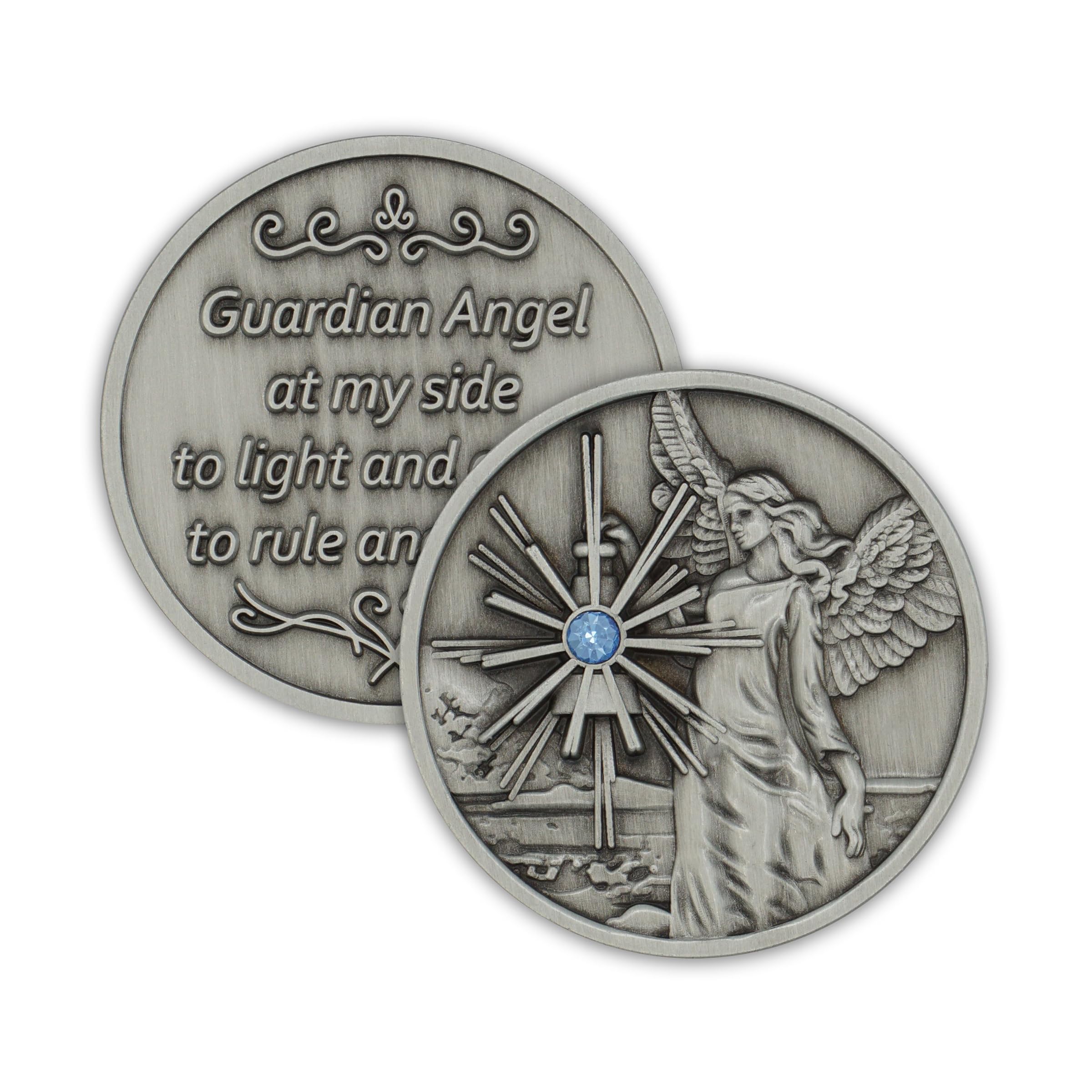 The Token Shop guardian angel coin front with aqua crystal guiding light for inspiration.