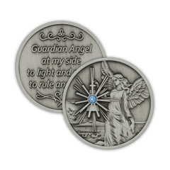 The Token Shop guardian angel coin front with aqua crystal guiding light for inspiration.