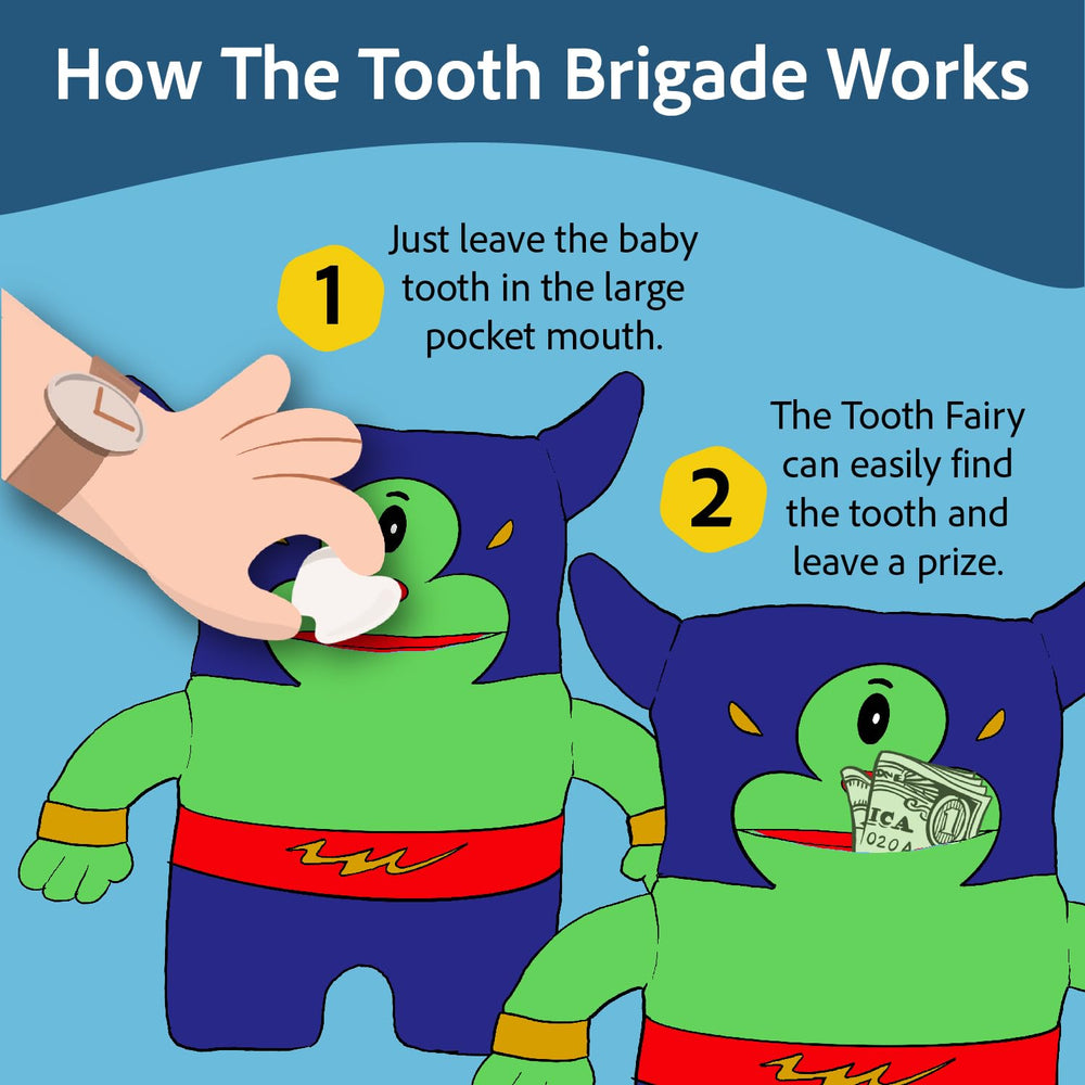 The Tooth Brigade tooth fairy pillow back view highlights soft plush and easy under pillow layout.