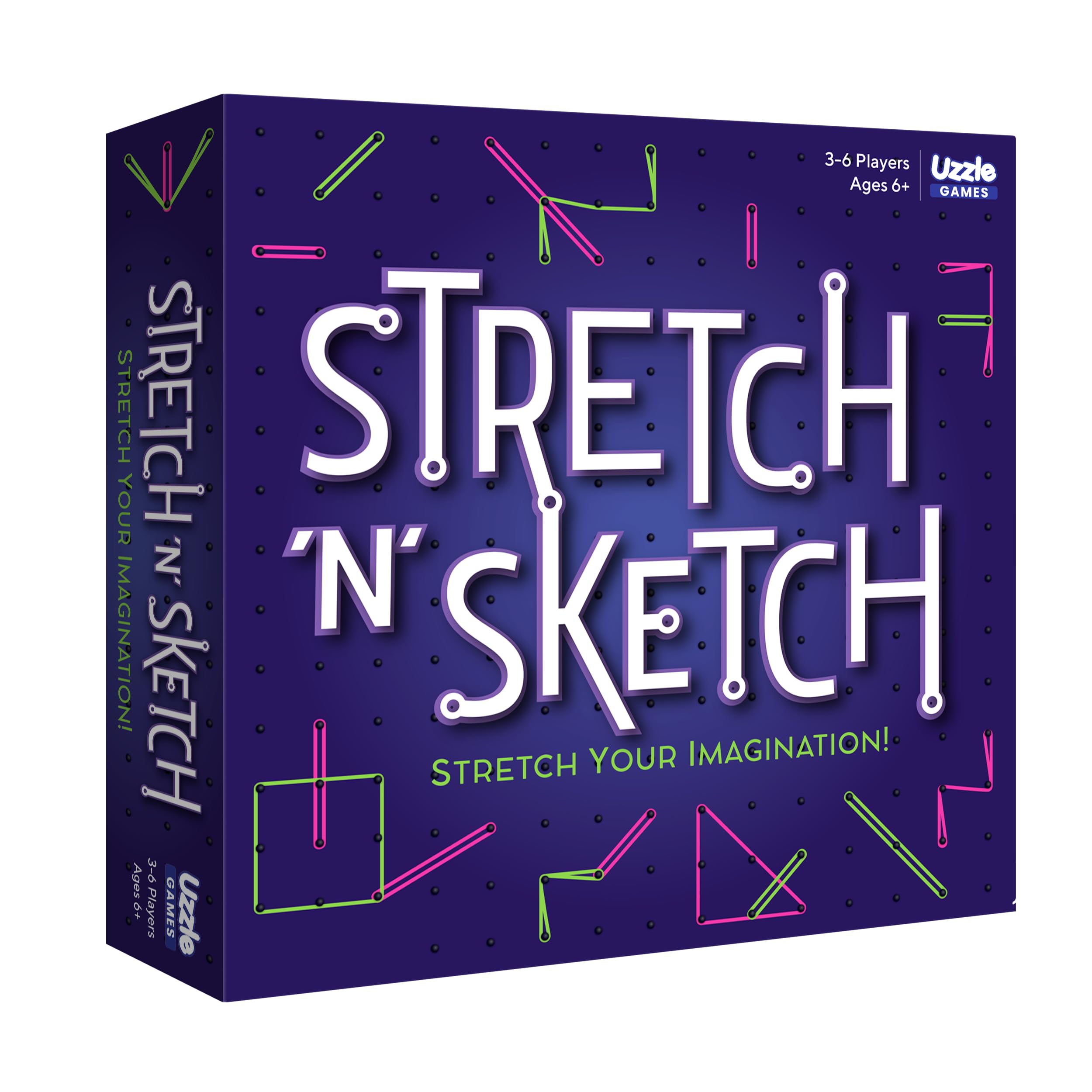 The Uzzle Stretch & Sketch cover shows prompts beside the peg board