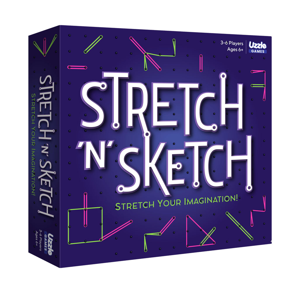 The Uzzle Stretch & Sketch cover shows prompts beside the peg board