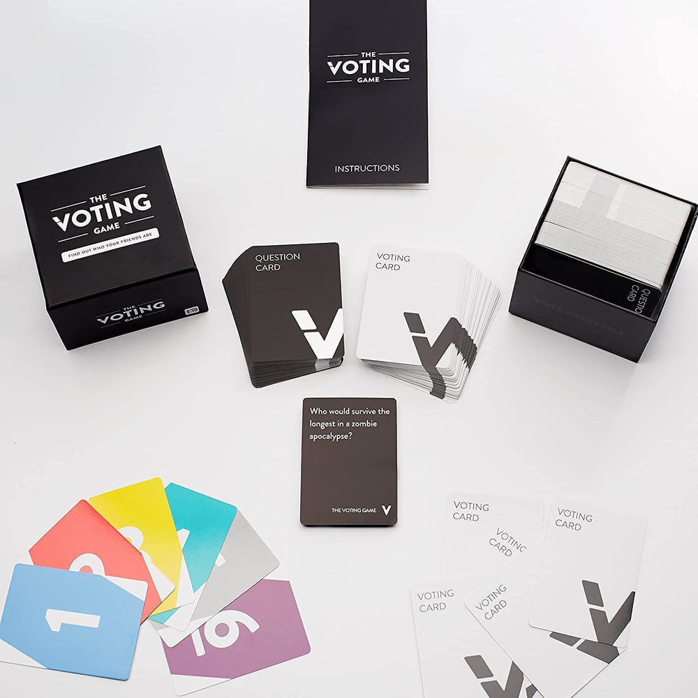 The Voting Game box with cards on a table, ideal party centerpiece.