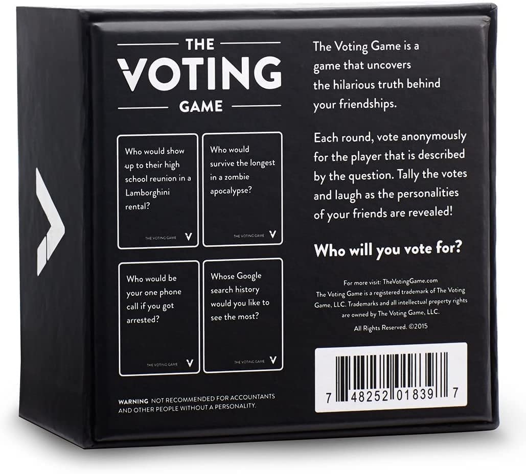 The Voting Game shelf display featuring the box and cards for quick game setup.