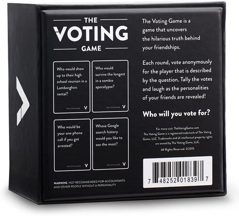 The Voting Game shelf display featuring the box and cards for quick game setup.