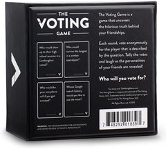 The Voting Game shelf display featuring the box and cards for quick game setup.