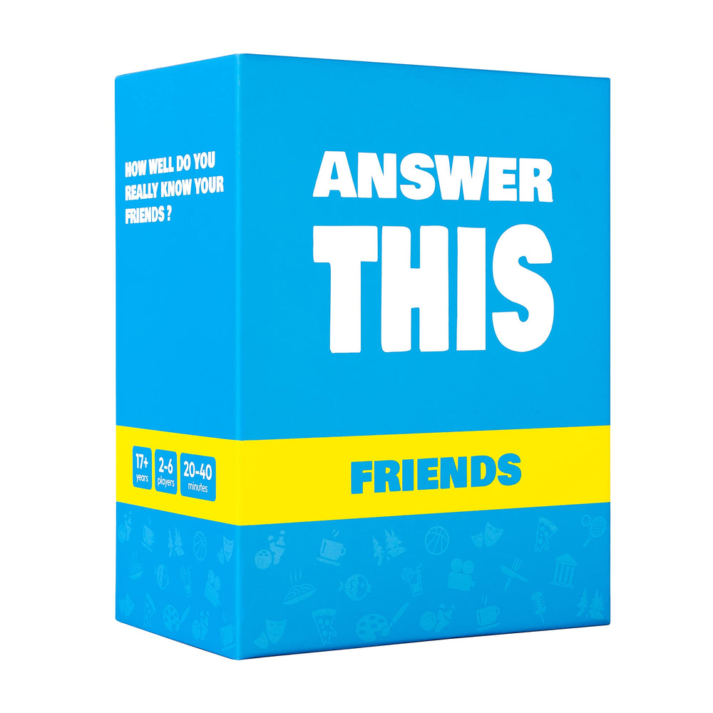 The World Game Answer This Friends pack shot showing cards and game components for teens and adults.