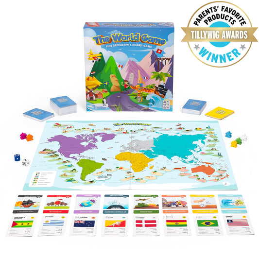 The World Game cards with facts highlighting country capitals and flags.