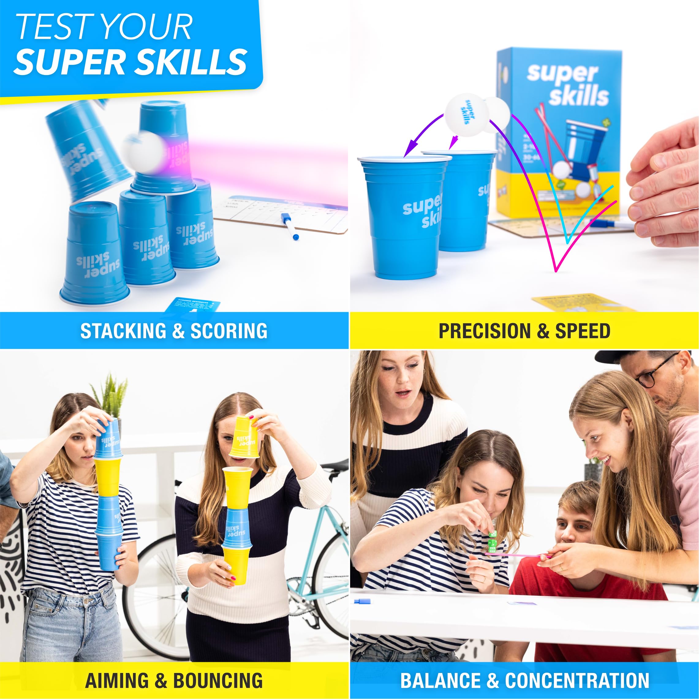 The World Game Super Skills blindfold and chopsticks setup for precision tasks.