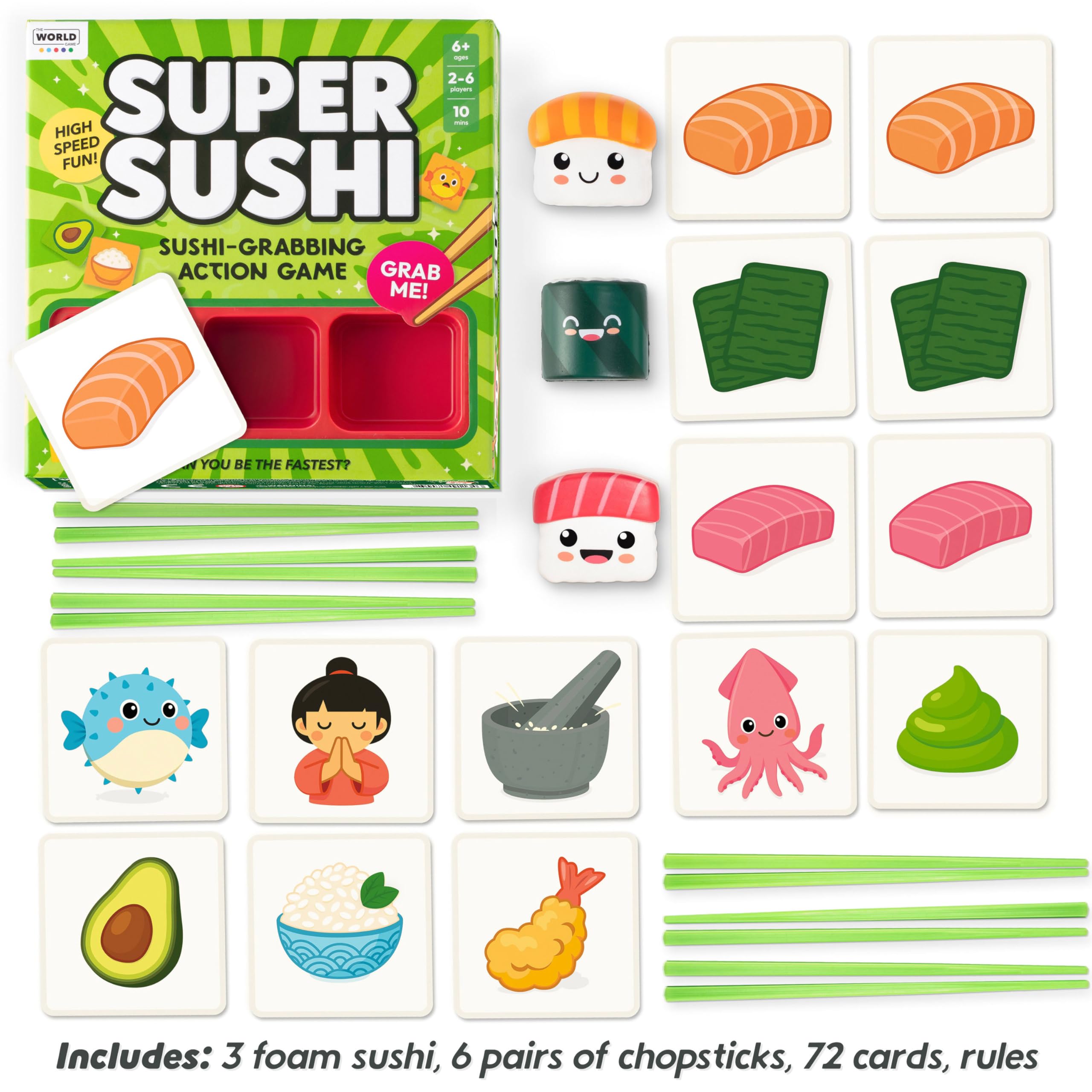 The World Game Super Sushi chopsticks in close-up for quick grabs.
