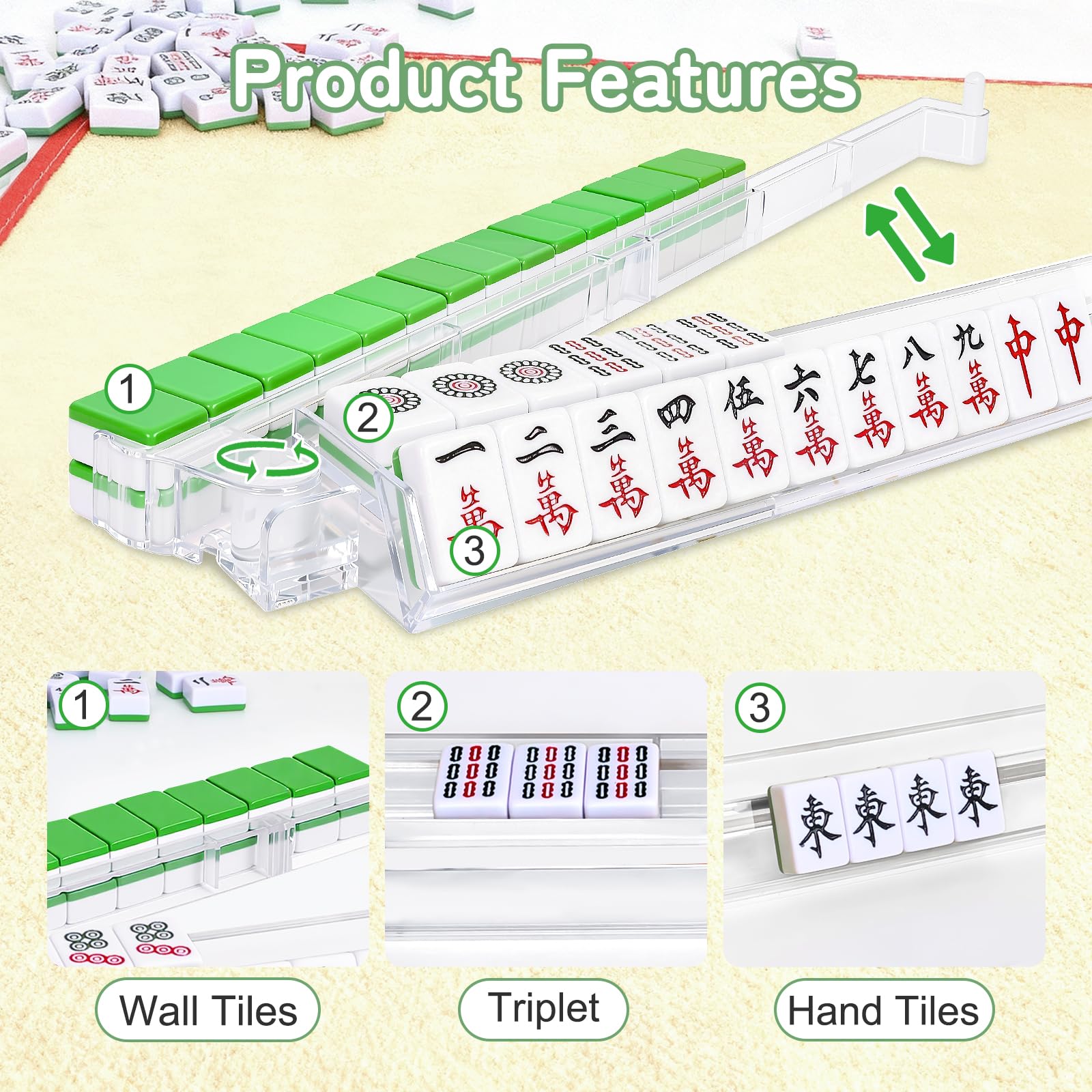 TheClouds mahjong dice set included with the racks for gameplay.