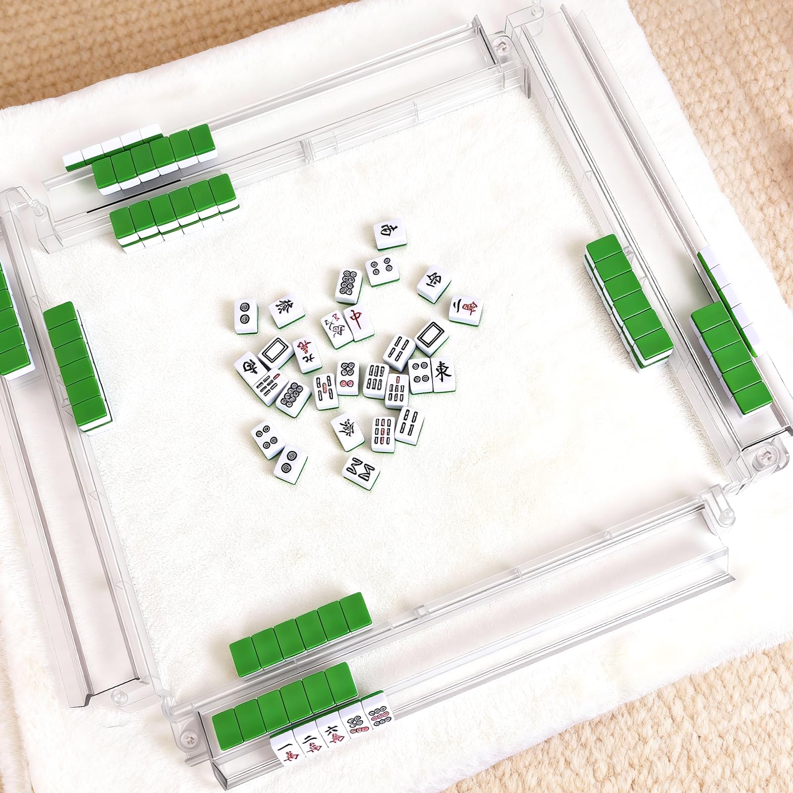 TheClouds mahjong rack size shown for home or travel use.