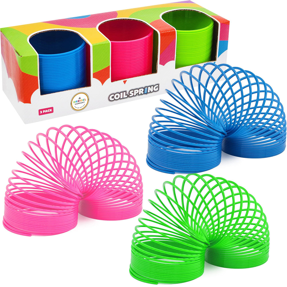 The Dreidel Company neon coil spring in yellow, pink, blue adds colorful party fun and sensory play.