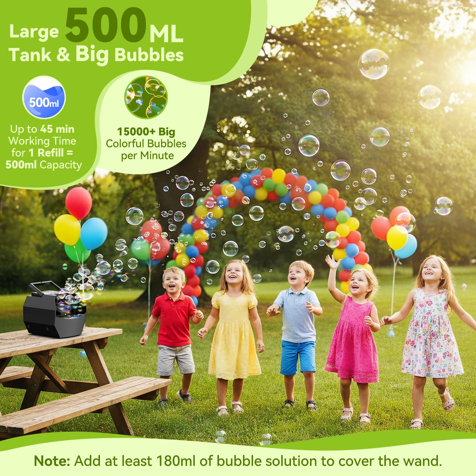 Theefun Bubble Machine with 16 wands creates vibrant, fast-moving bubbles.