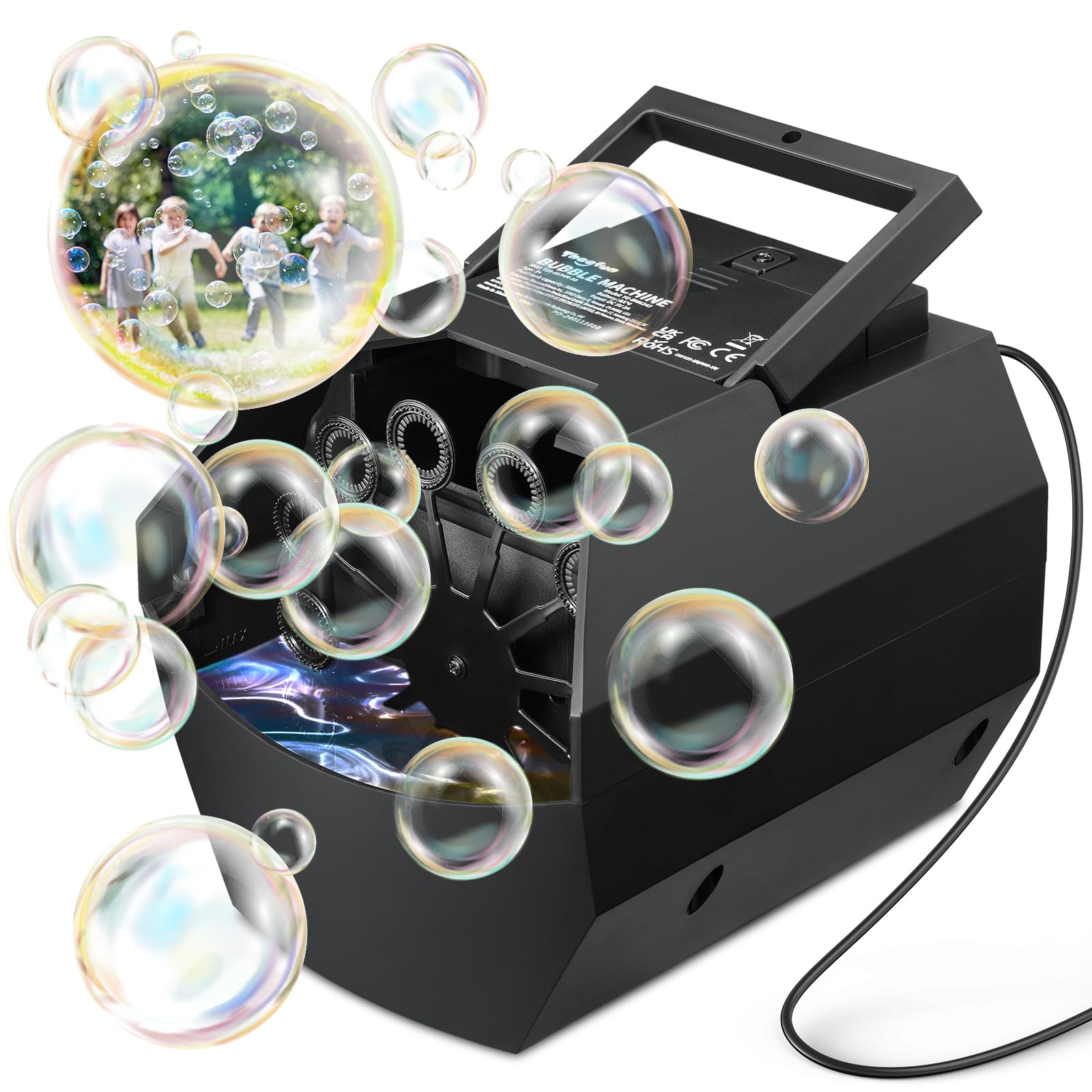 Theefun Bubble Machine shows 500ml capacity in action for long play sessions.