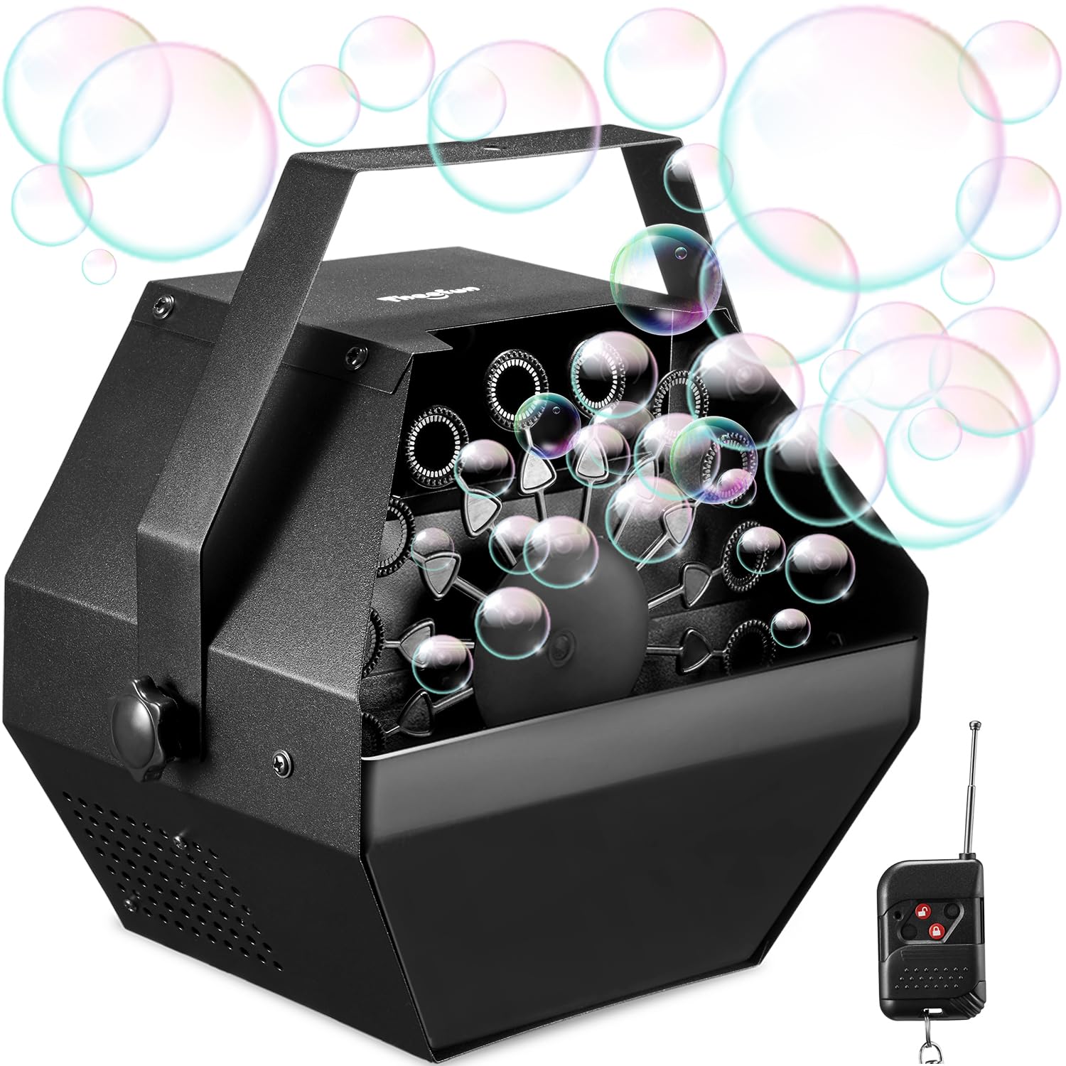 Theefun Bubble Machine front view showing a durable metal body ready for events