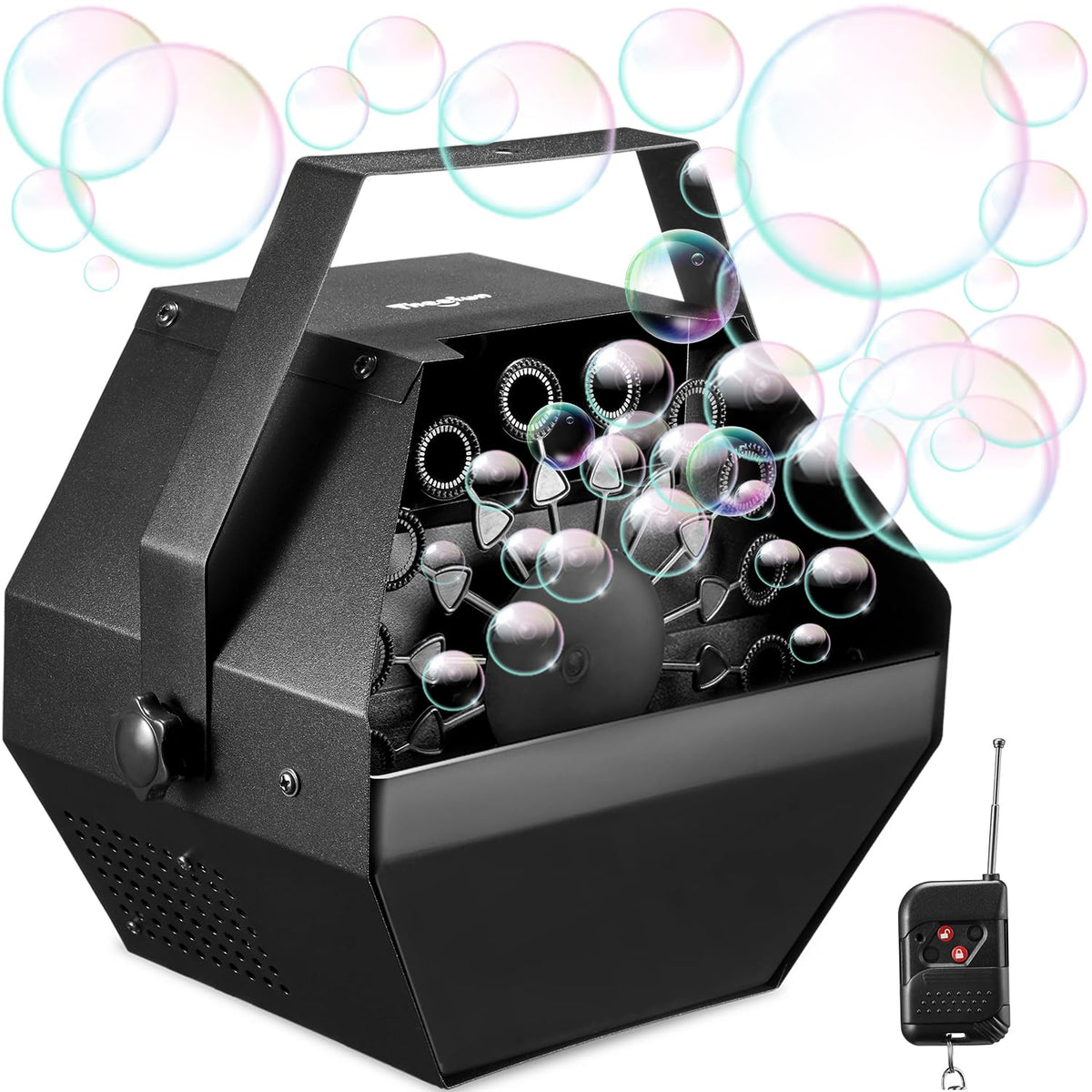 Theefun Bubble Machine front view showing a durable metal body ready for events
