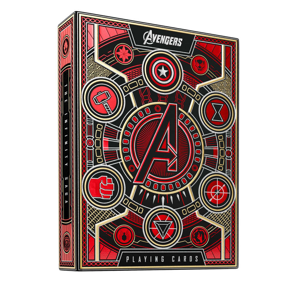 Theory11 Avengers Red Edition outer packaging with radiant red foil and gold accents.