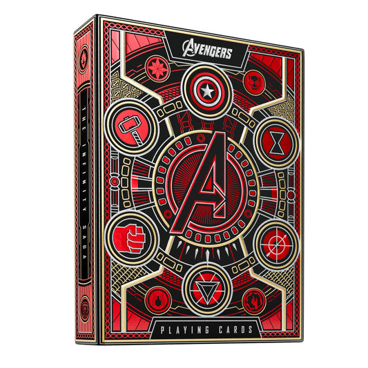 Theory11 Avengers Red Edition outer packaging with radiant red foil and gold accents.
