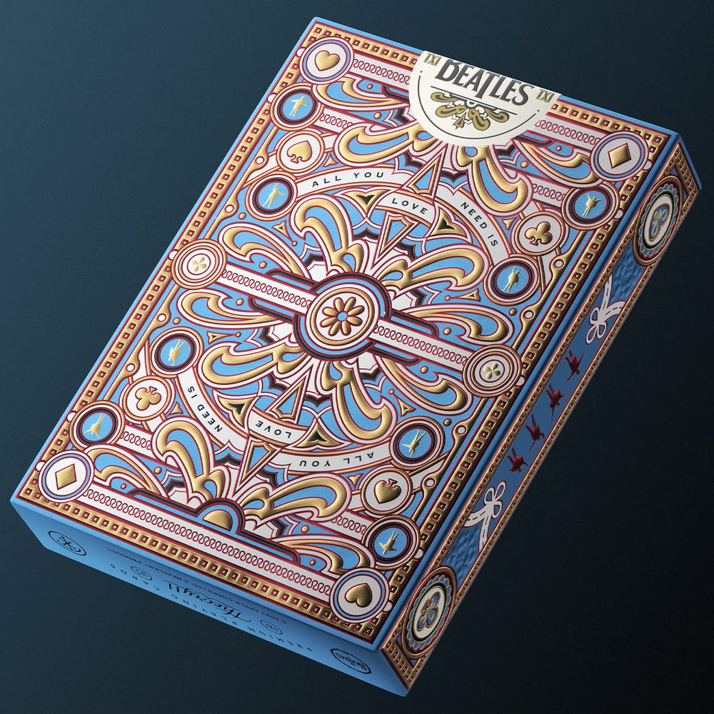 theory11 Beatles blue deck back design showcases intricate artwork