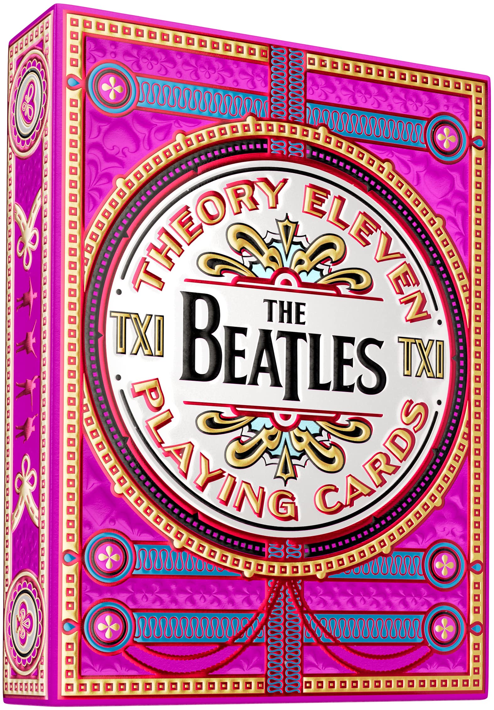 theory11 The Beatles Pink Deck box front embossing highlights vibrant collector appeal.